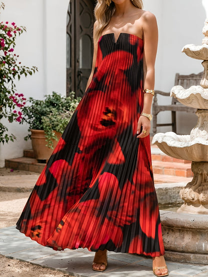 Strapless Pleated Backless Floral Maxi Event Dress