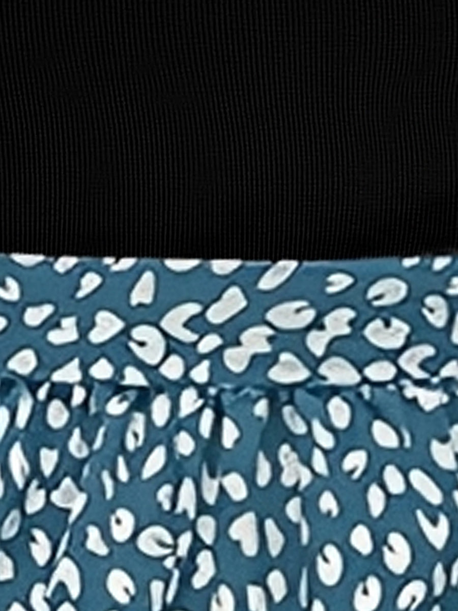 Mock Neck Patchwork Leopard Print A-Line Dress