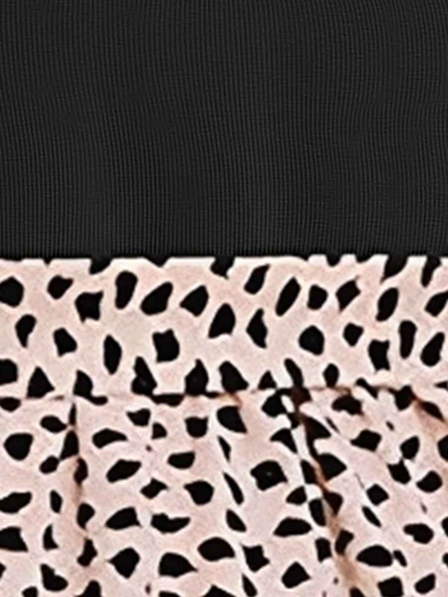 Mock Neck Patchwork Leopard Print A-Line Dress