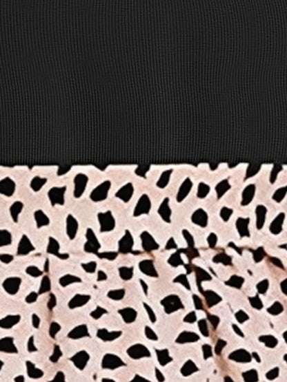 Mock Neck Patchwork Leopard Print A-Line Dress