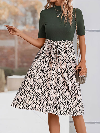 Mock Neck Patchwork Leopard Print A-Line Dress