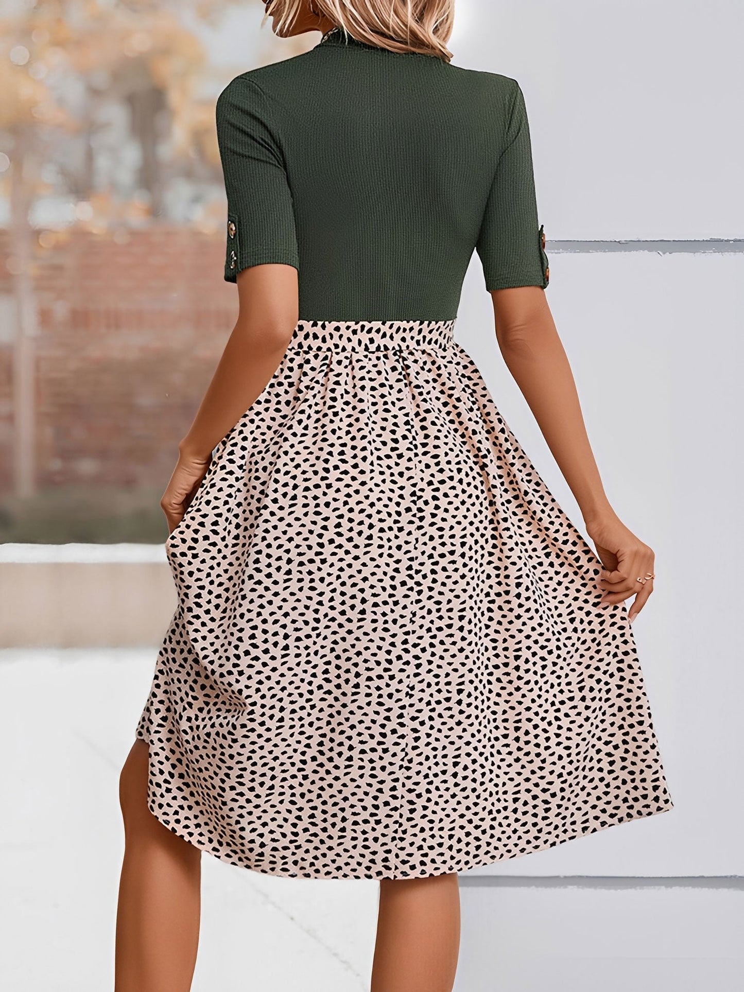 Mock Neck Patchwork Leopard Print A-Line Dress