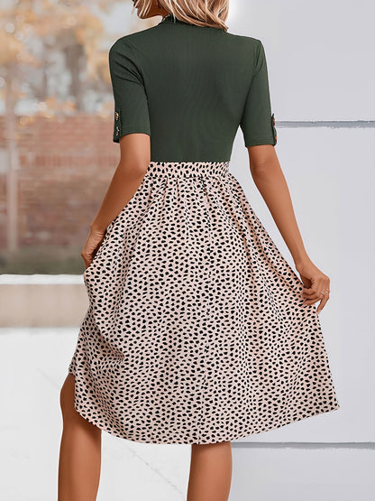 Mock Neck Patchwork Leopard Print A-Line Dress