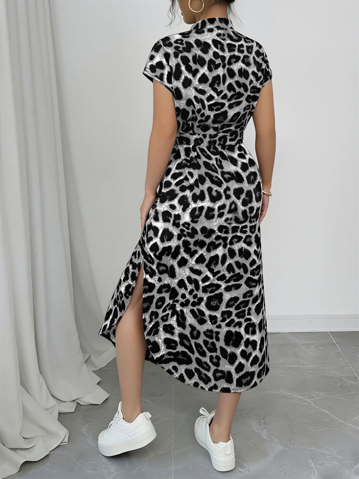 Printed Belted Midi Side Slit Pocketed Shirt Dress