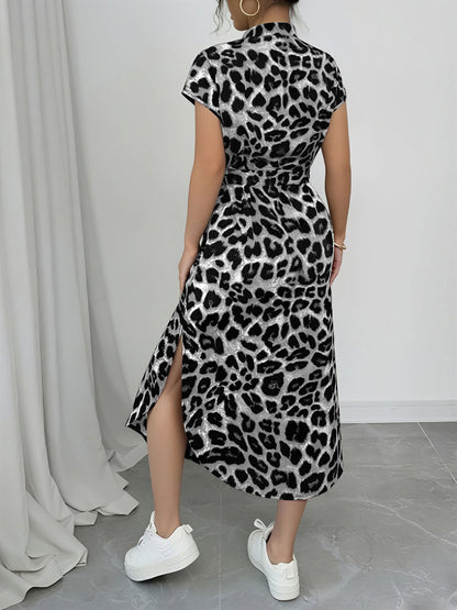 Printed Belted Midi Side Slit Pocketed Shirt Dress