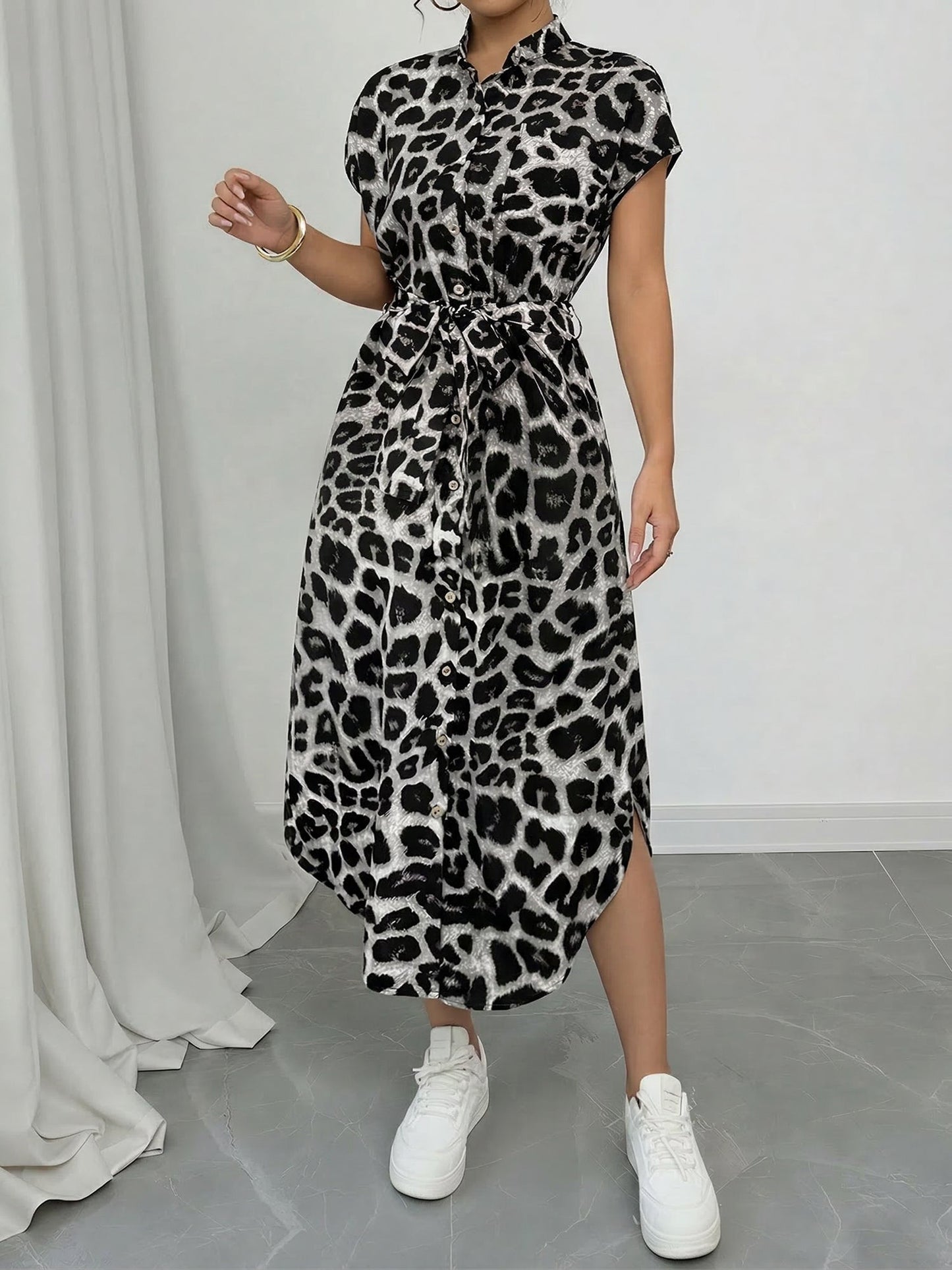 Printed Belted Midi Side Slit Pocketed Shirt Dress