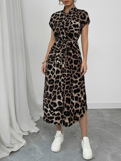 Printed Belted Midi Side Slit Pocketed Shirt Dress