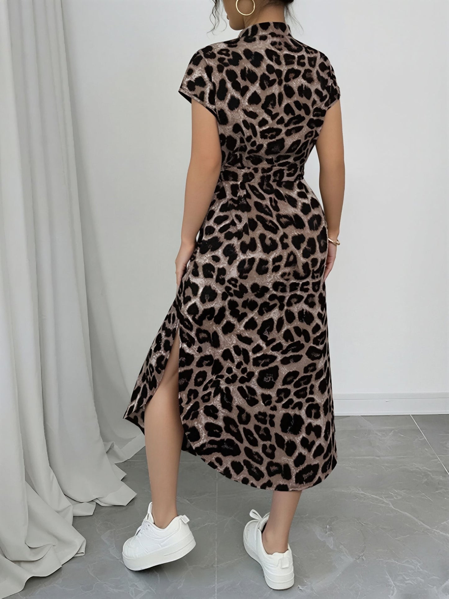 Printed Belted Midi Side Slit Pocketed Shirt Dress