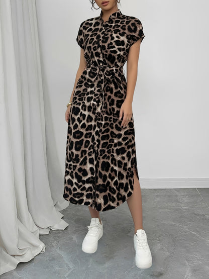 Printed Belted Midi Side Slit Pocketed Shirt Dress