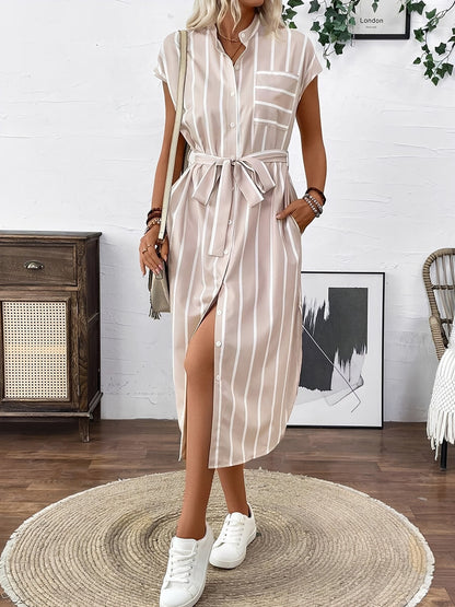 Printed Belted Midi Side Slit Pocketed Shirt Dress
