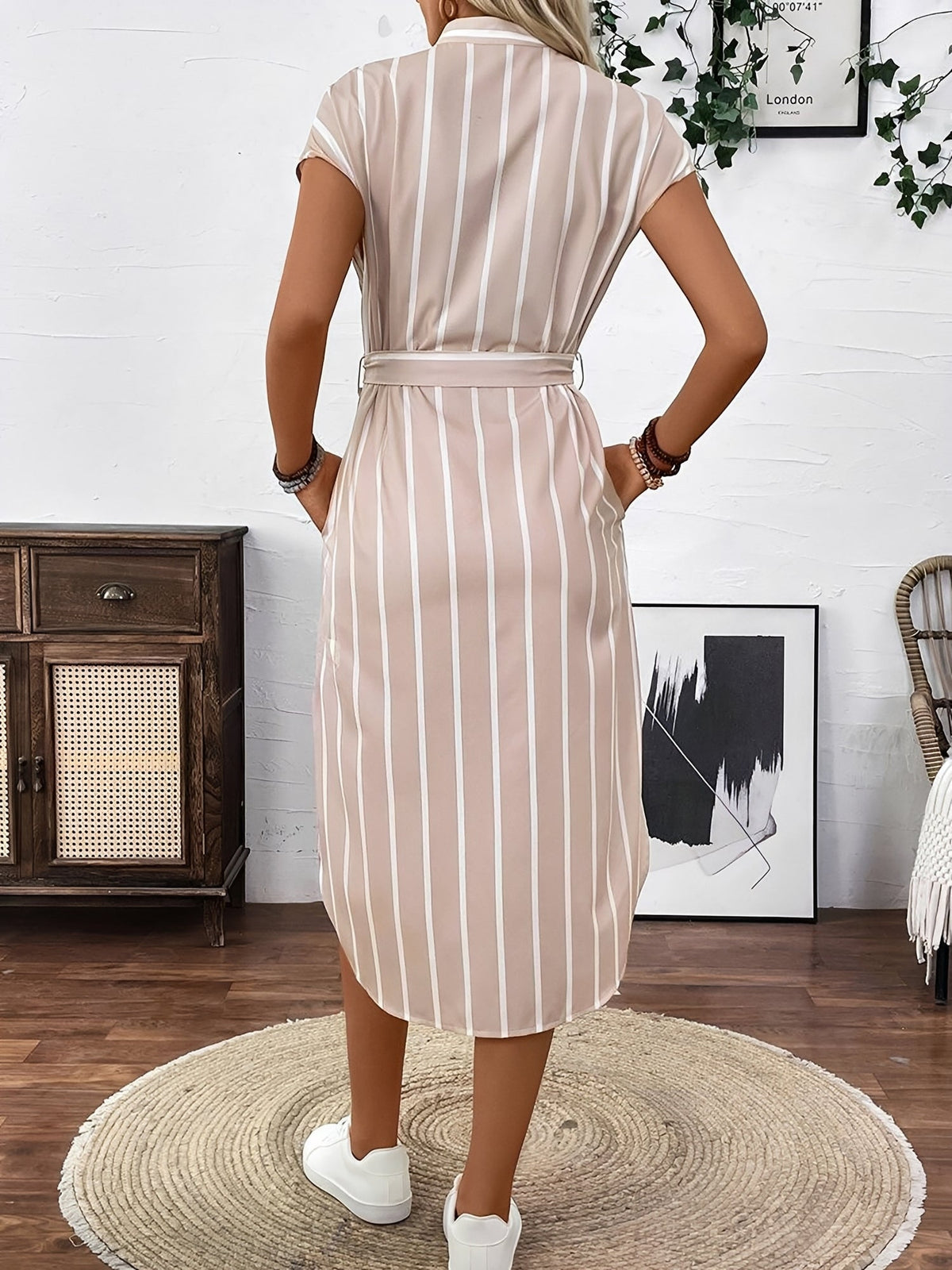 Printed Belted Midi Side Slit Pocketed Shirt Dress