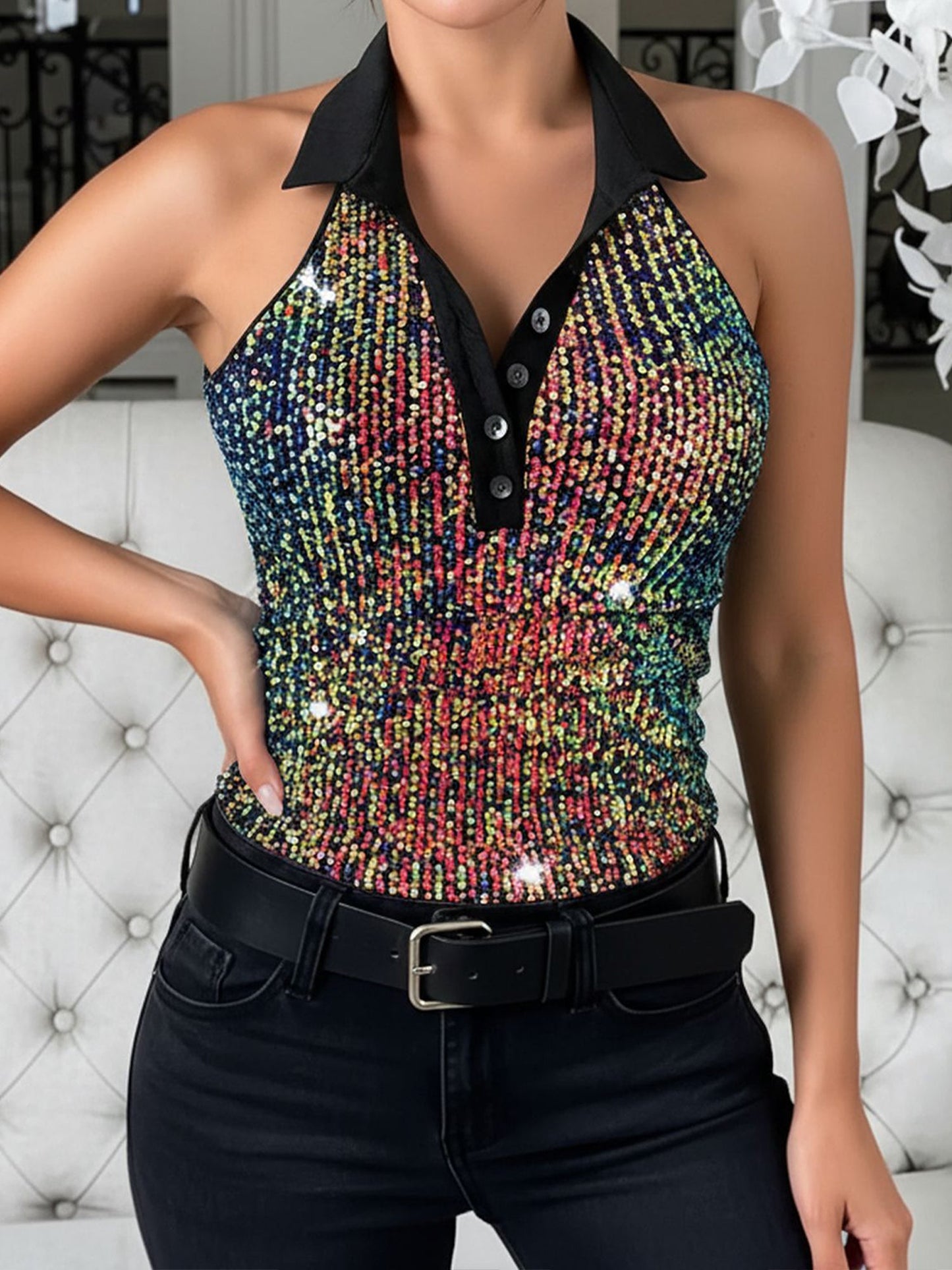 Halter Neck Sequin Sleeveless Blouse