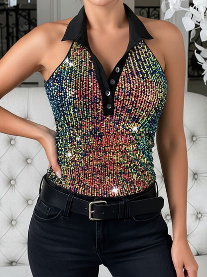 Halter Neck Sequin Sleeveless Blouse