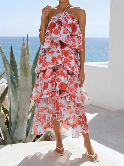 Floral Halter Neck Sleeveless Ruffled Layered Hi-Lo Hem Resort Dress