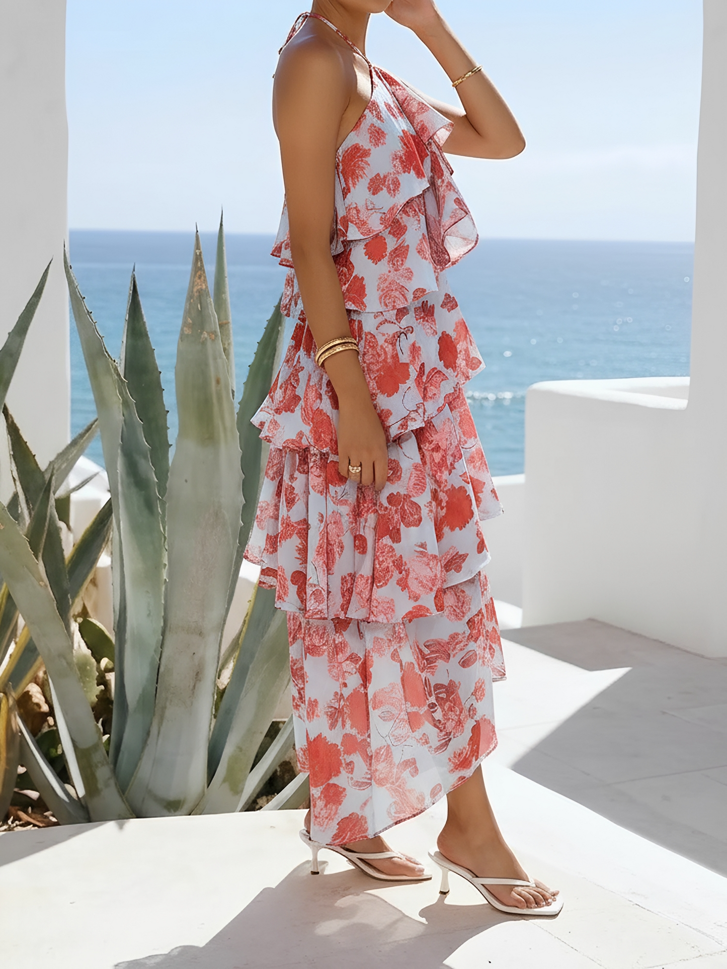 Floral Halter Neck Sleeveless Ruffled Layered Hi-Lo Hem Resort Dress