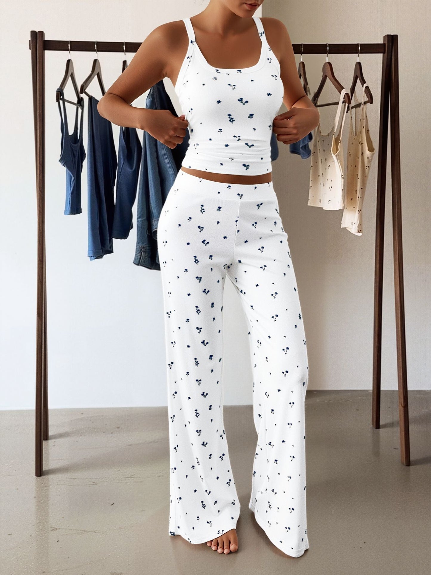 2 Pieces Floral Spaghetti Strap Cropped Top & Straight Legs Trousers Pants Matching Workout Set