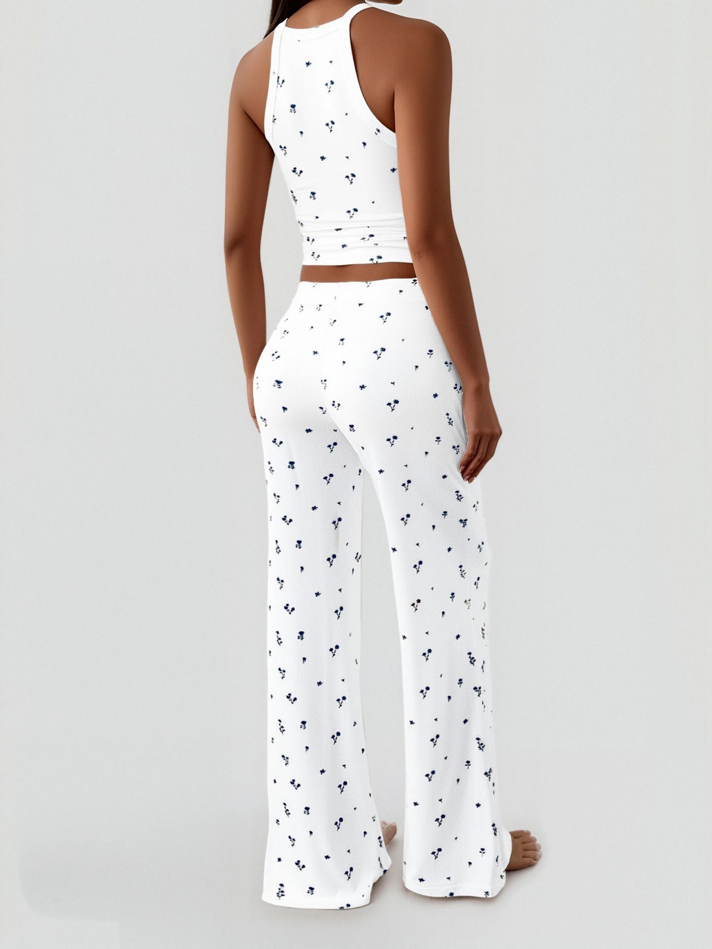 2 Pieces Floral Spaghetti Strap Cropped Top & Straight Legs Trousers Pants Matching Workout Set