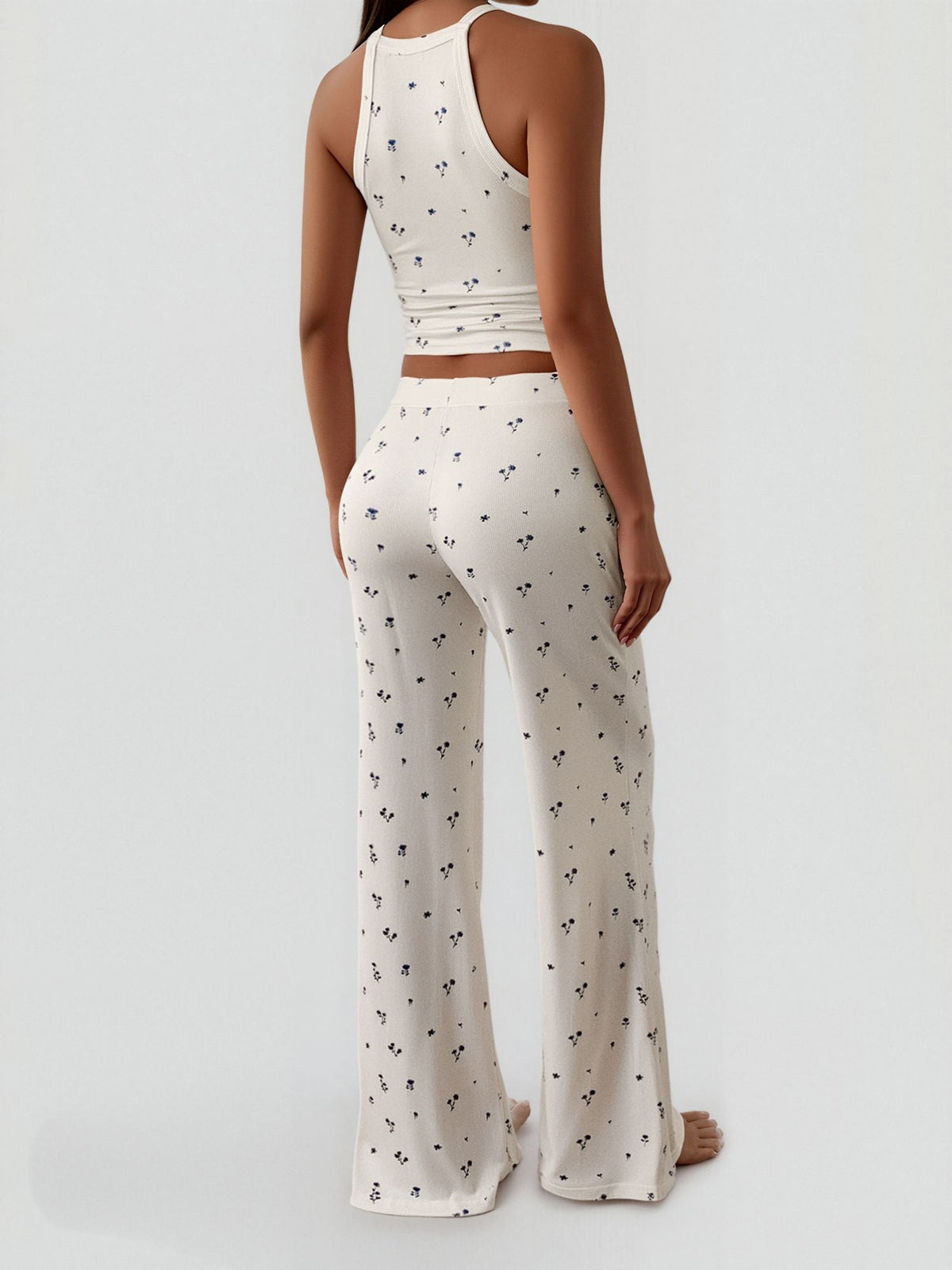 2 Pieces Floral Spaghetti Strap Cropped Top & Straight Legs Trousers Pants Matching Workout Set