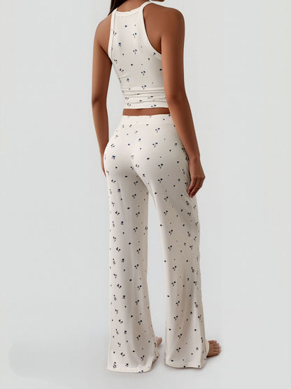 2 Pieces Floral Spaghetti Strap Cropped Top & Straight Legs Trousers Pants Matching Workout Set