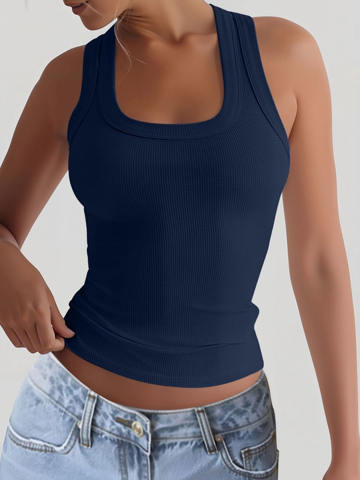 U Neck Sleeveless Casual Solid Color Tank Top