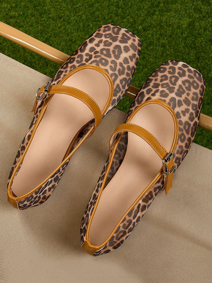 Leopard-Print Breathable Ballet Flats Mary Jane Shoes