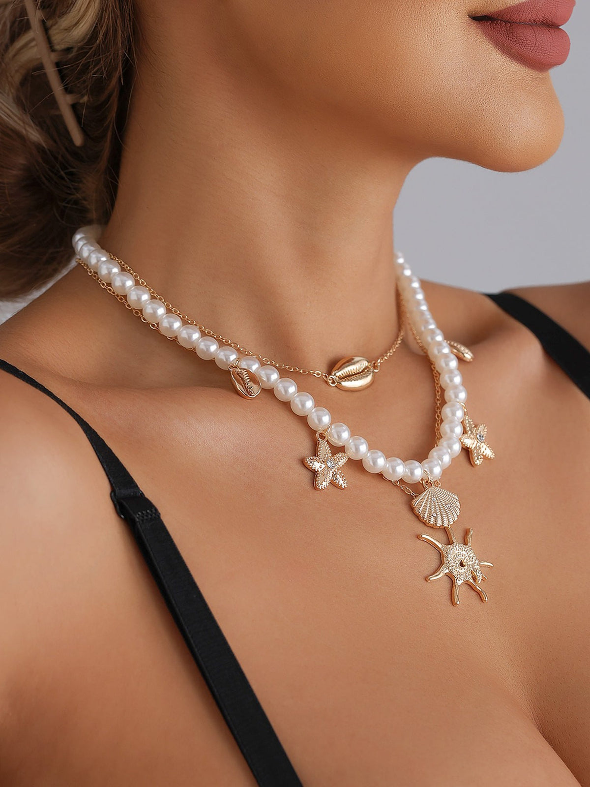 Alloy Seashell-Inspired Faux Pearl Multi Layers Necklaces