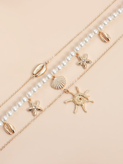 Alloy Seashell-Inspired Faux Pearl Multi Layers Necklaces