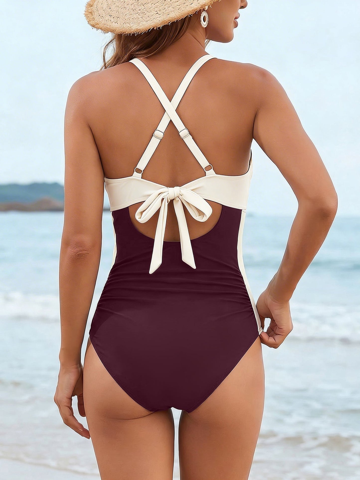 Crew Neck Keyhole Backless Lace-Up Swimsuit