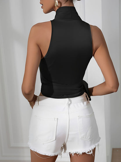 Satin Halter Neck Sleeveless Lace-Up Blouse