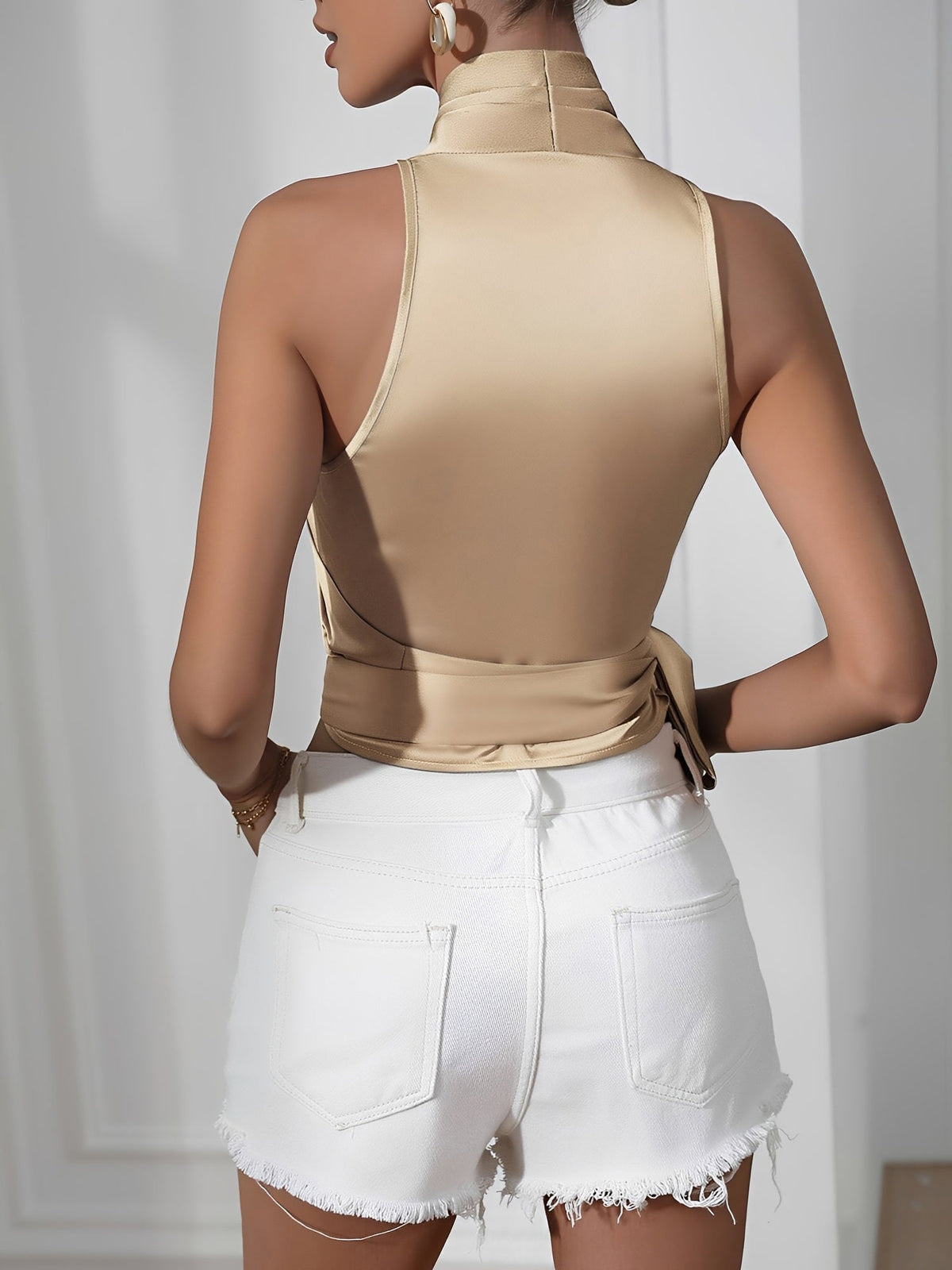 Satin Halter Neck Sleeveless Lace-Up Blouse