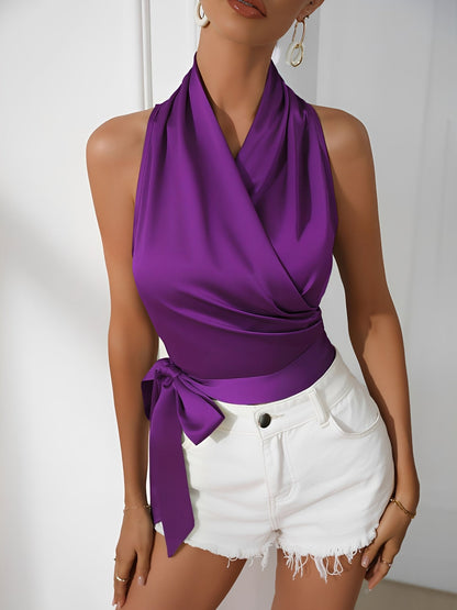 Satin Halter Neck Sleeveless Lace-Up Blouse