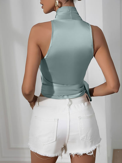 Satin Halter Neck Sleeveless Lace-Up Blouse