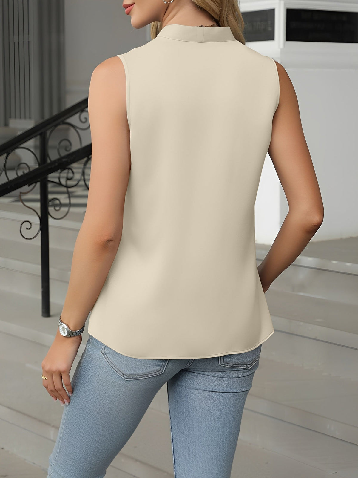 Satin Button Decor V Neck Sleeveless Work Blouse