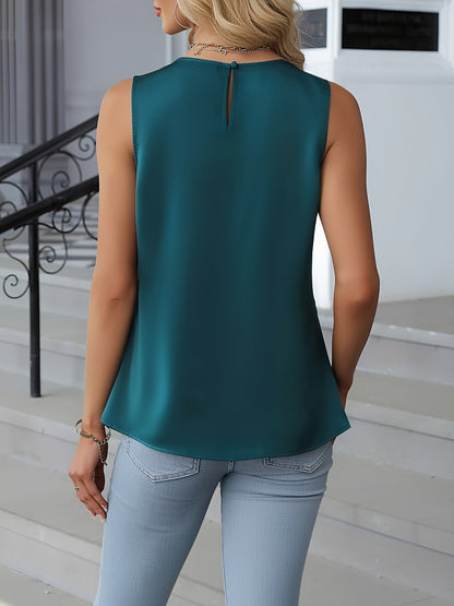 Pleated Round Neck Satin Sleeveless Blouse