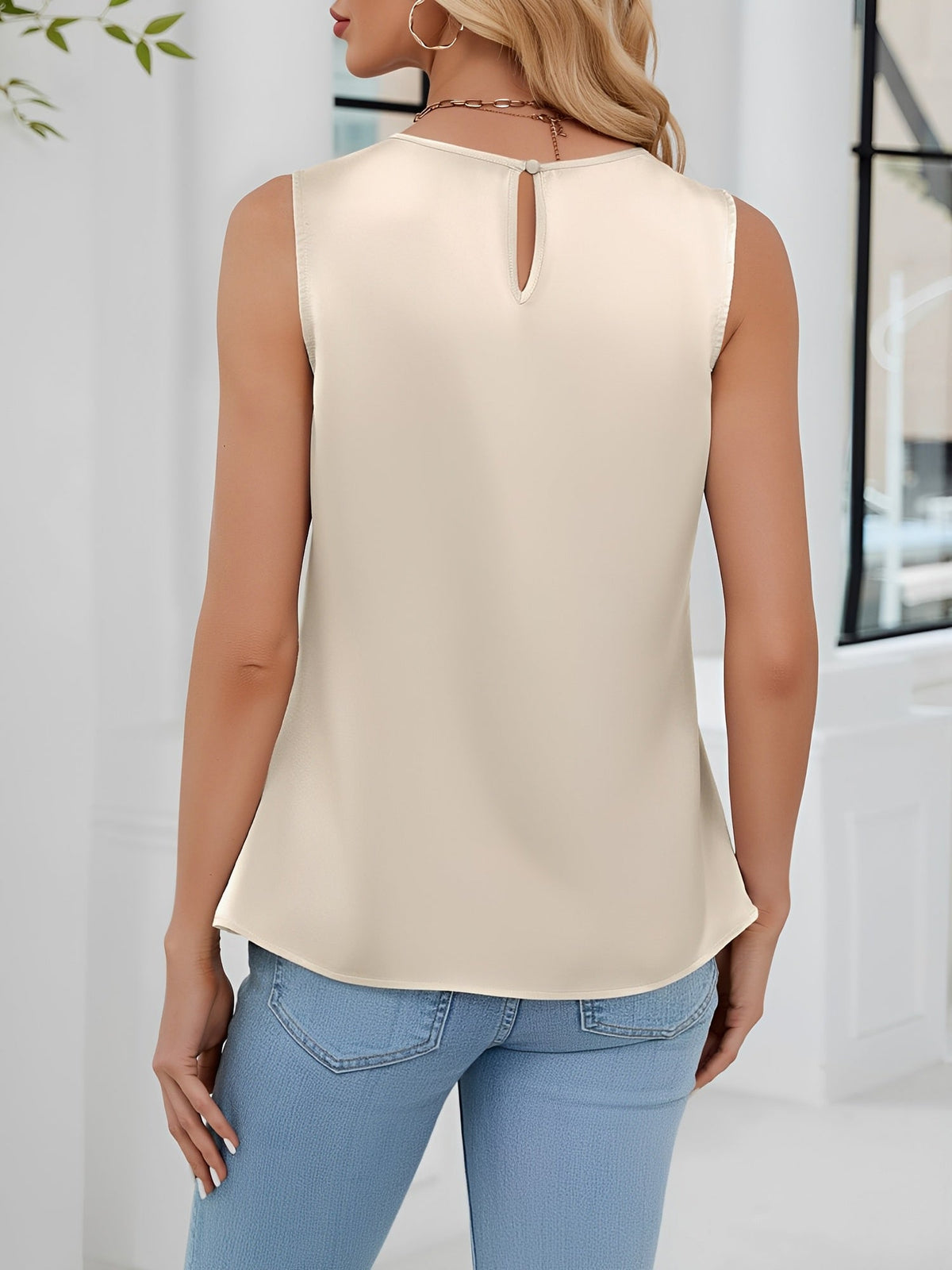 Pleated Round Neck Satin Sleeveless Blouse