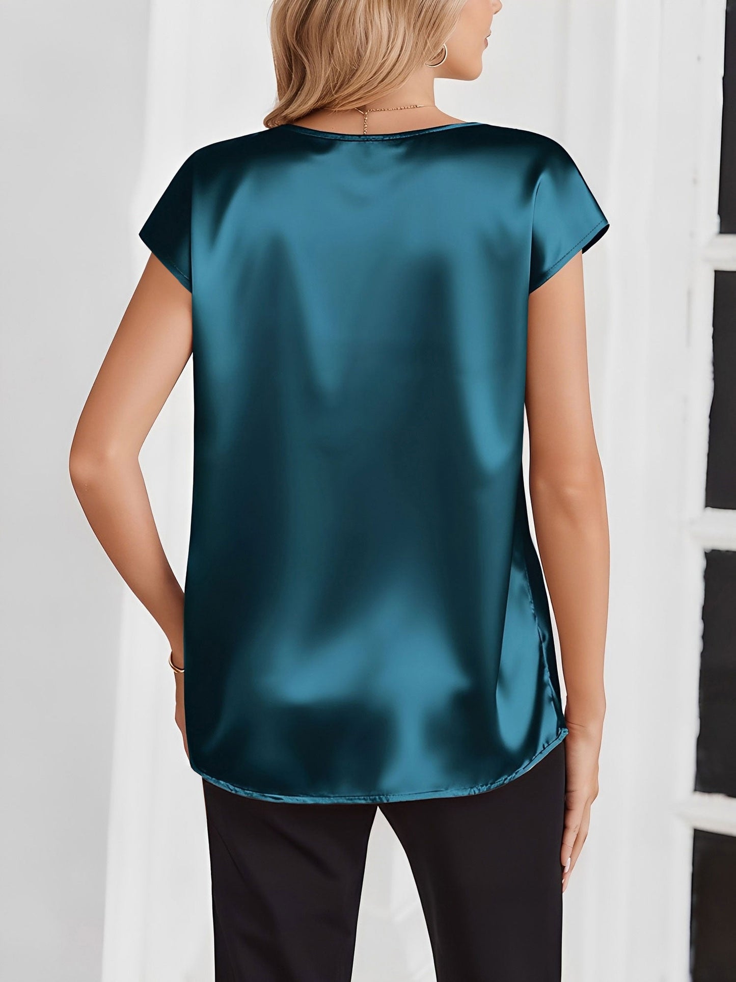 Satin V Neck Short Sleeves Work Blouse