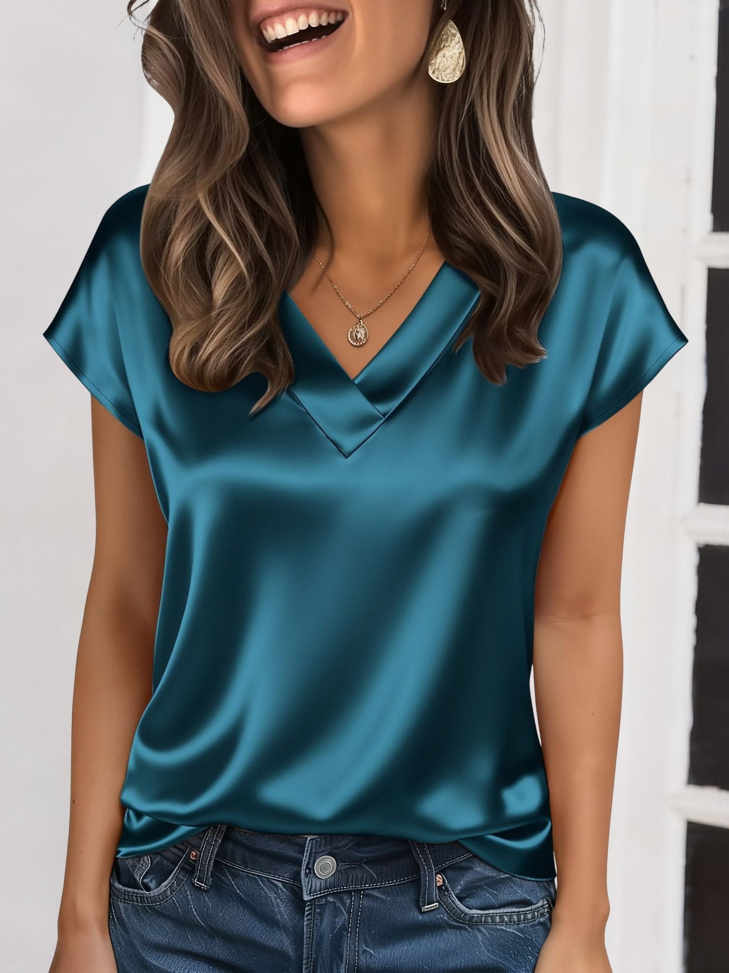 Satin V Neck Short Sleeves Work Blouse