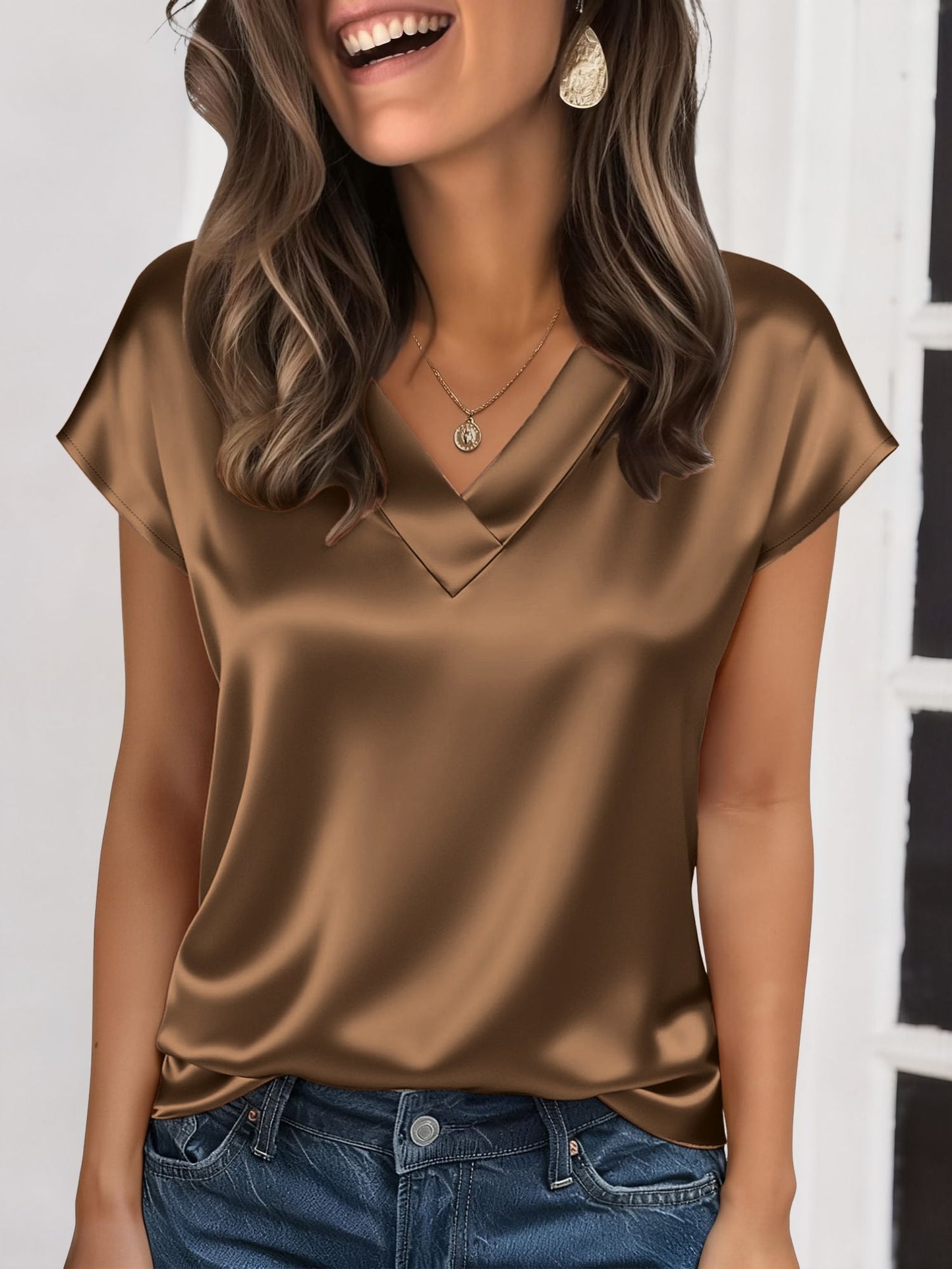 Satin V Neck Short Sleeves Work Blouse