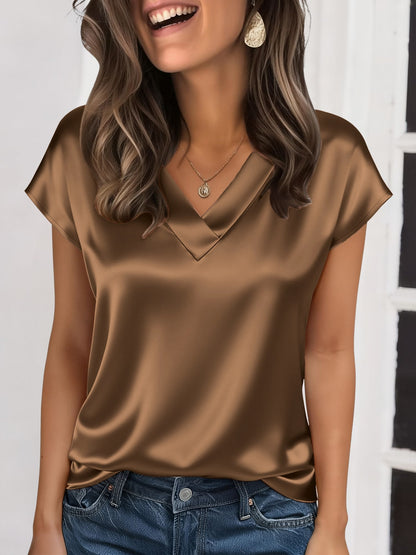 Satin V Neck Short Sleeves Work Blouse
