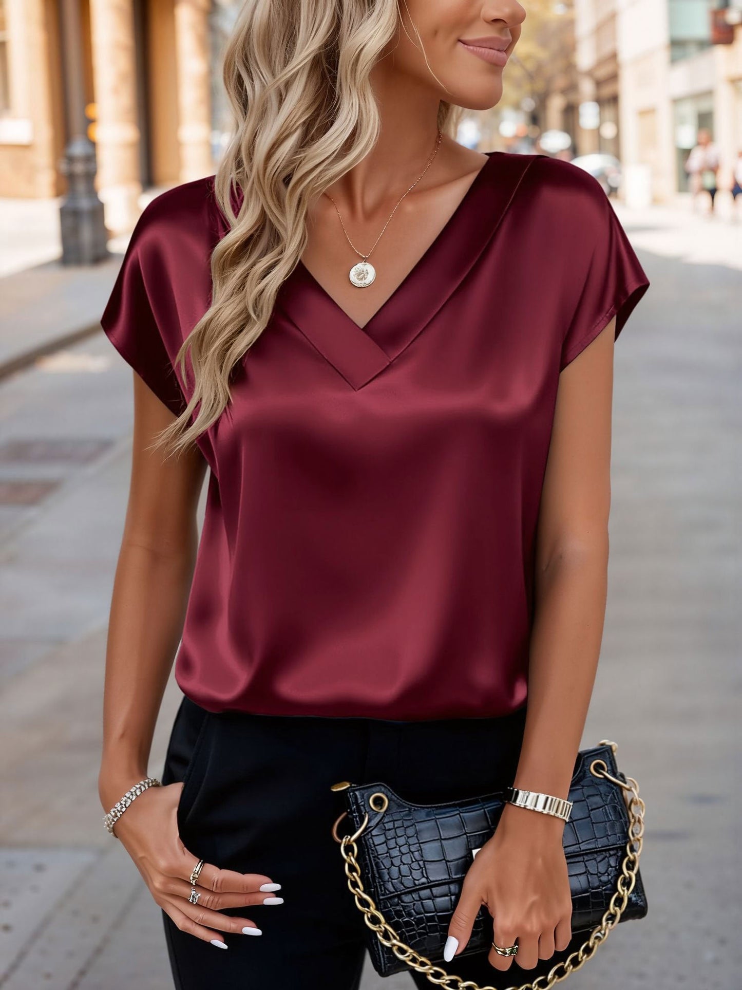 Satin V Neck Short Sleeves Work Blouse