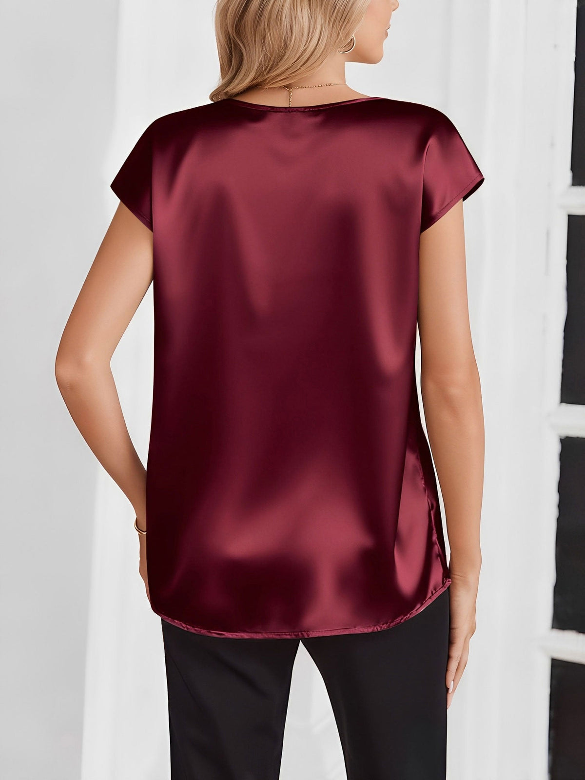 Satin V Neck Short Sleeves Work Blouse
