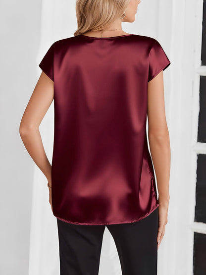 Satin V Neck Short Sleeves Work Blouse