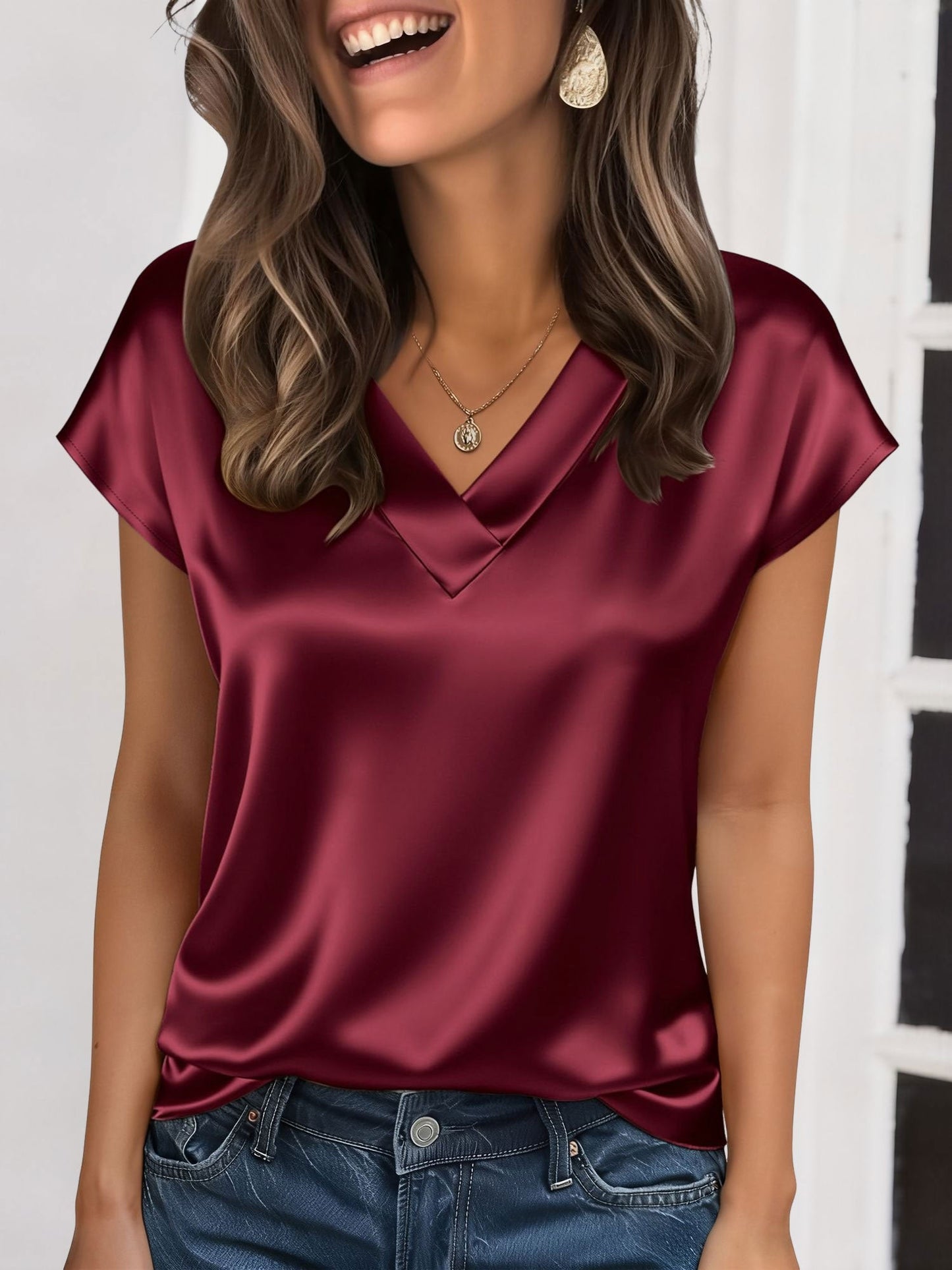 Satin V Neck Short Sleeves Work Blouse