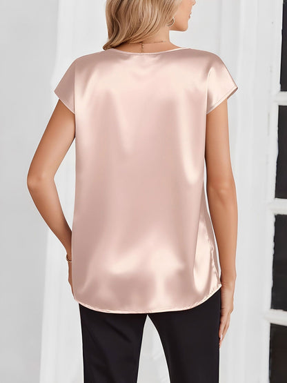 Satin V Neck Short Sleeves Work Blouse