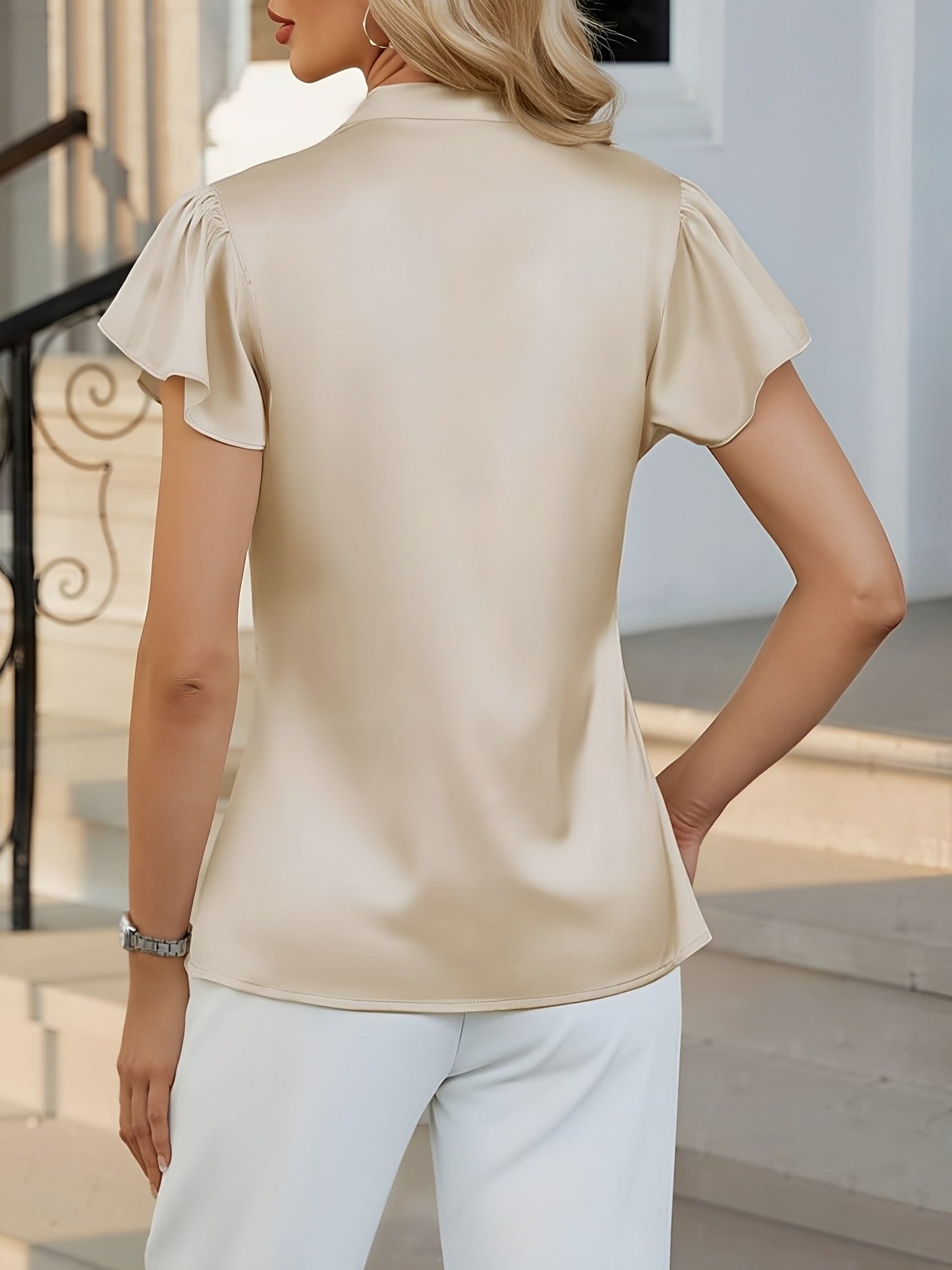 Satin Cap Sleeves Solid Color Casual Blouse