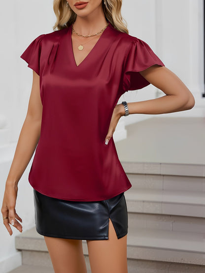 Satin Cap Sleeves Solid Color Casual Blouse
