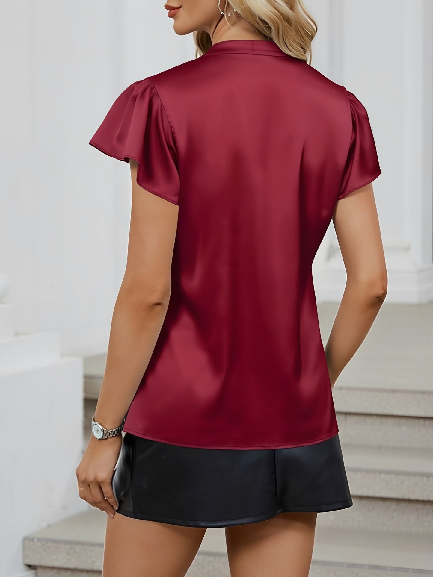 Satin Cap Sleeves Solid Color Casual Blouse