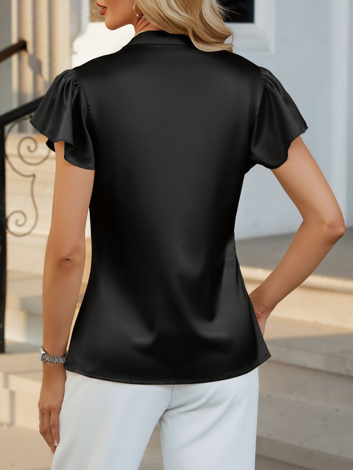 Satin Cap Sleeves Solid Color Casual Blouse