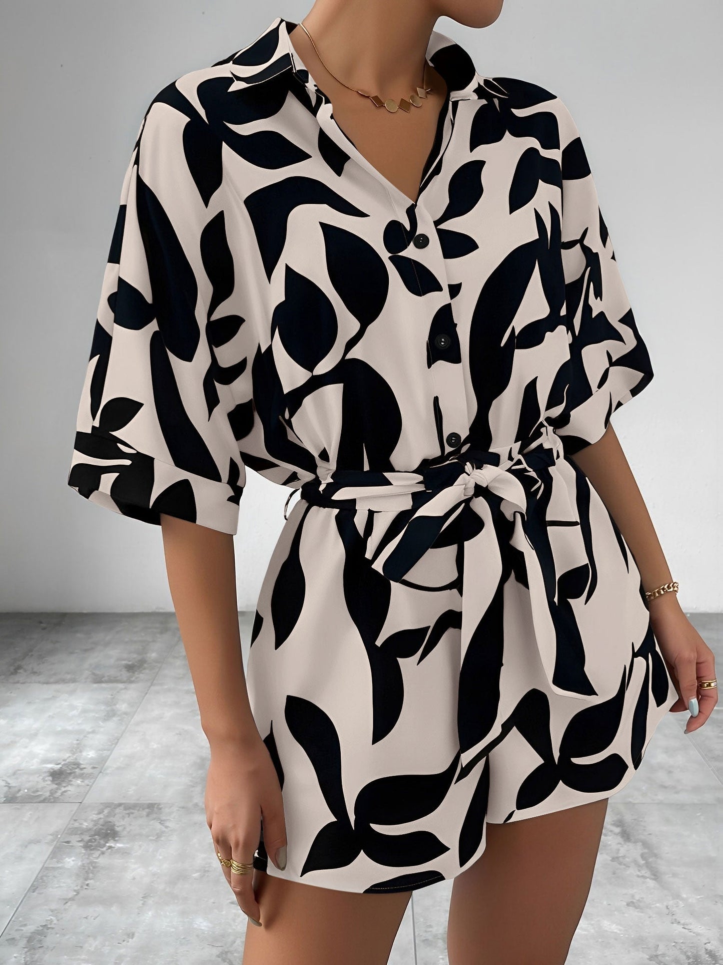 Satin Printed Short Sleeves Buttun Down Tie Waist Rompers
