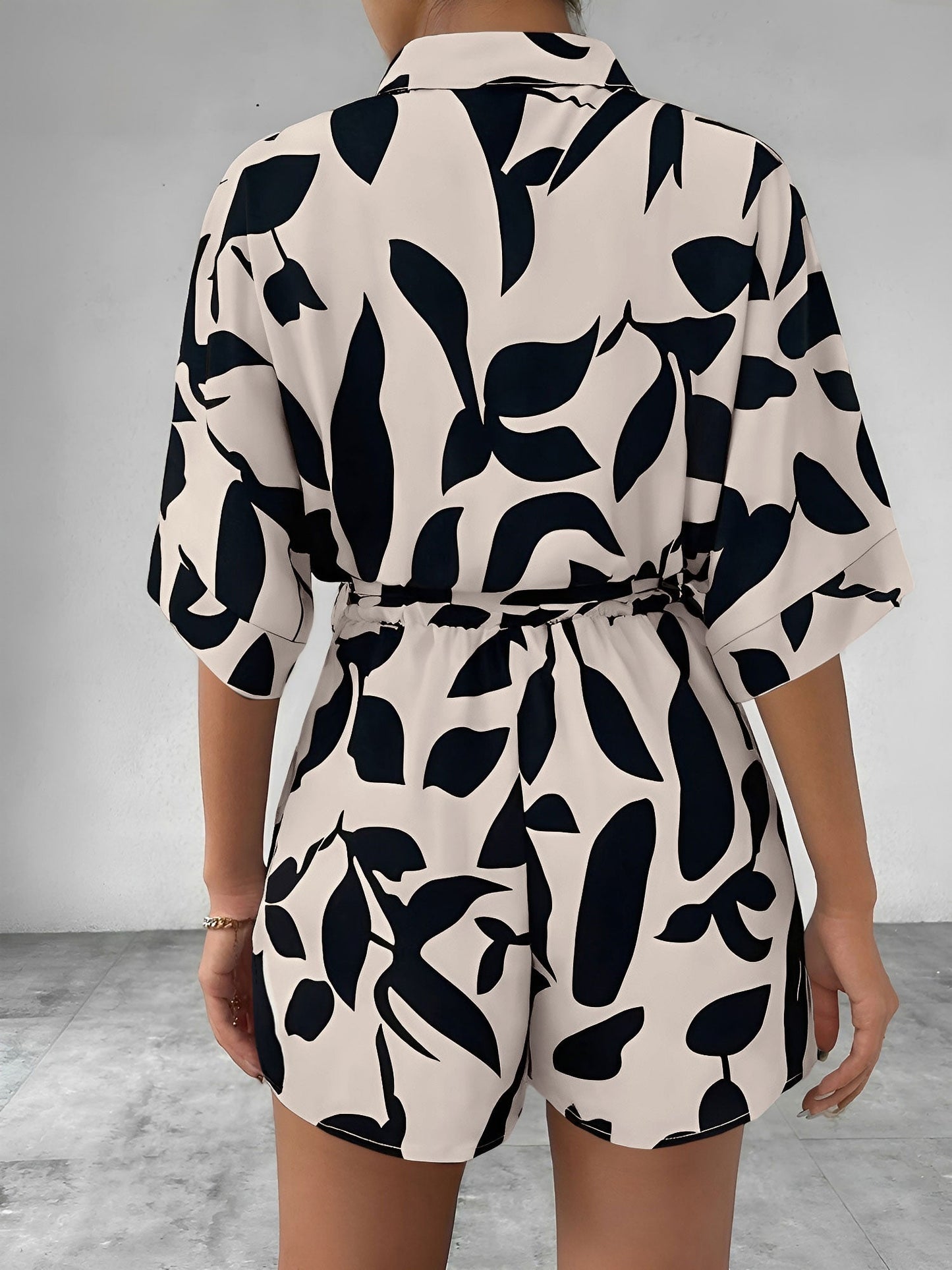 Satin Printed Short Sleeves Buttun Down Tie Waist Rompers